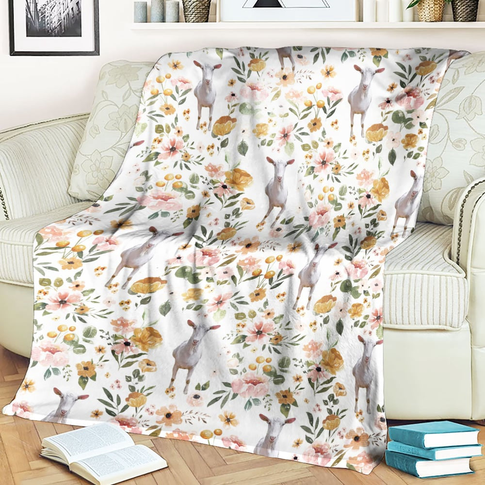 Saanen Goat Floral Pattern Blanket, Farm Blanket, Farm Animal Blanket