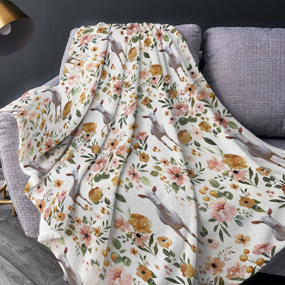 Saanen Goat Floral Pattern Blanket, Farm Blanket, Farm Animal Blanket