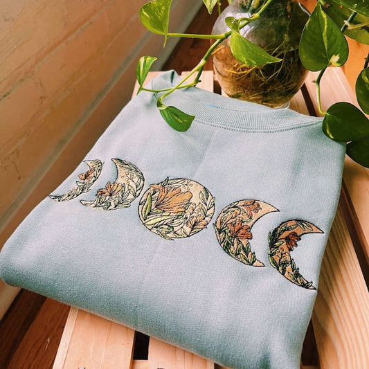 Sage Floral Moon Phase Embroidered Sweatshirt 2D Crewneck Sweatshirt For Family, Christmas Embroidered, Christmas Gifts