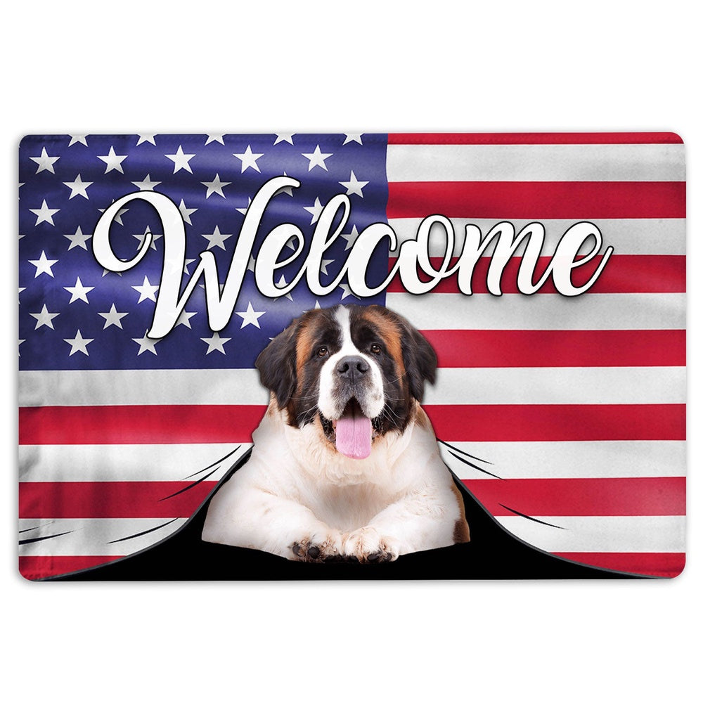 Saint Bernard Welcome Doormat, Funny Saint Bernard Dog Welcome American Flag USA Patriotic Welcome Doormat, Pets Home Decor Door Mat