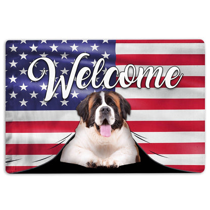 Saint Bernard Welcome Doormat, Funny Saint Bernard Dog Welcome American Flag USA Patriotic Welcome Doormat, Pets Home Decor Door Mat