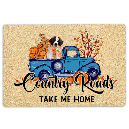 Saint Bernard Welcome Doormat, Saint Bernard Dog Country Road Take Me Home Fall Pumpkins Autumn Welcome Doormat, Pets Home Decor Door Mat