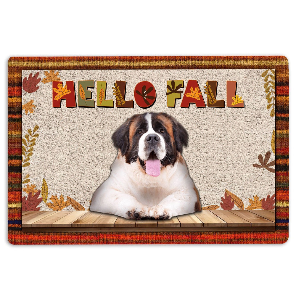 Saint Bernard Welcome Doormat, Saint Bernard Dog Hello Fall Pumpkin Spice Maple Leaf Autumn Welcome Doormat, Pets Home Decor Door Mat