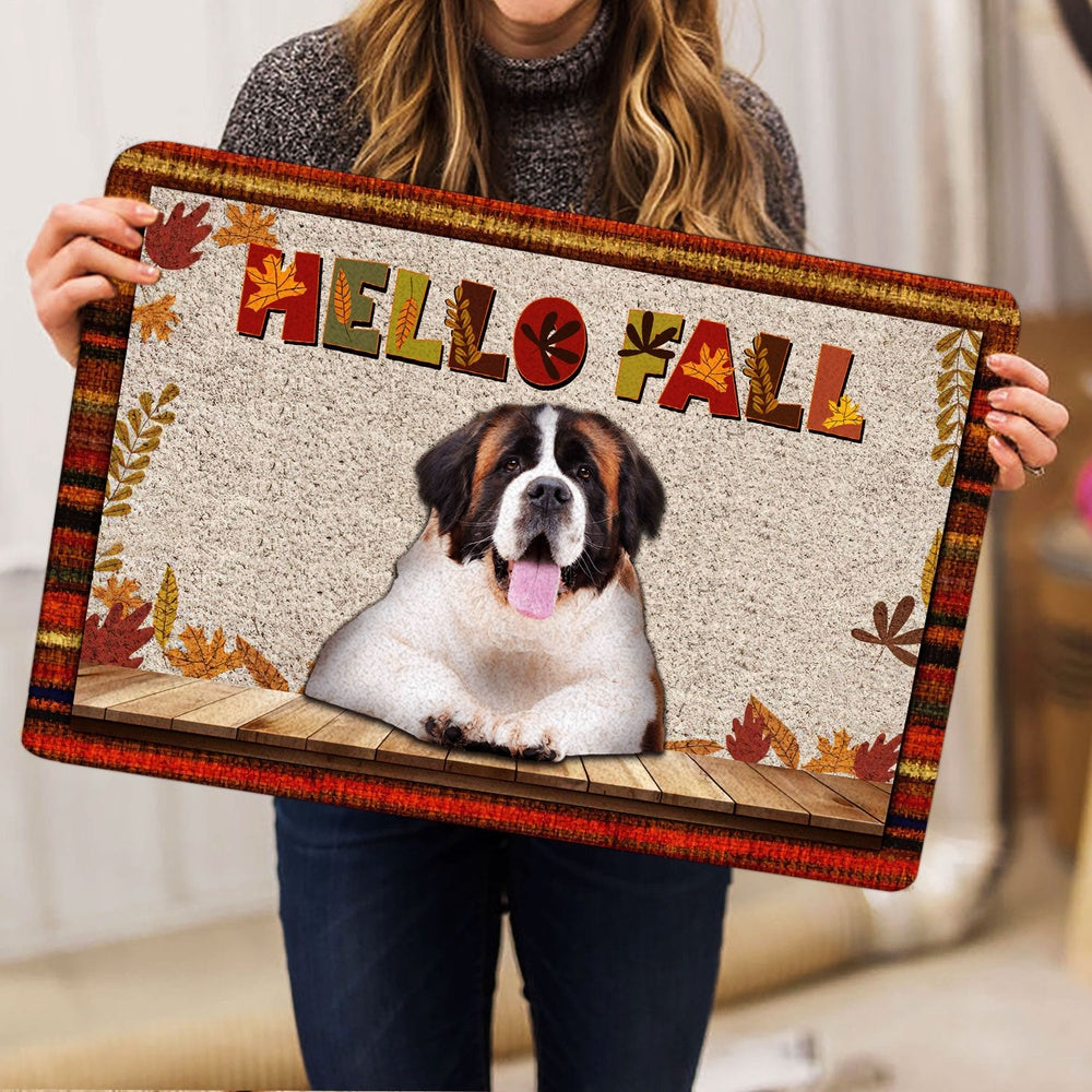 Saint Bernard Welcome Doormat, Saint Bernard Dog Hello Fall Pumpkin Spice Maple Leaf Autumn Welcome Doormat, Pets Home Decor Door Mat