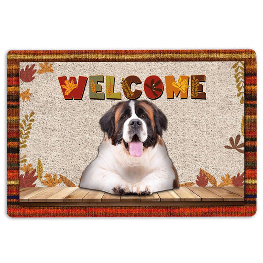 Saint Bernard Welcome Doormat, Saint Bernard Dog Welcome Fall Autumn Pumpkin Spice Maple Leaf Welcome Doormat, Pets Home Decor Door Mat