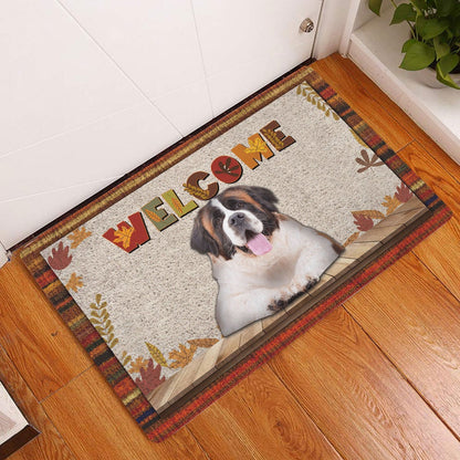 Saint Bernard Welcome Doormat, Saint Bernard Dog Welcome Fall Autumn Pumpkin Spice Maple Leaf Welcome Doormat, Pets Home Decor Door Mat