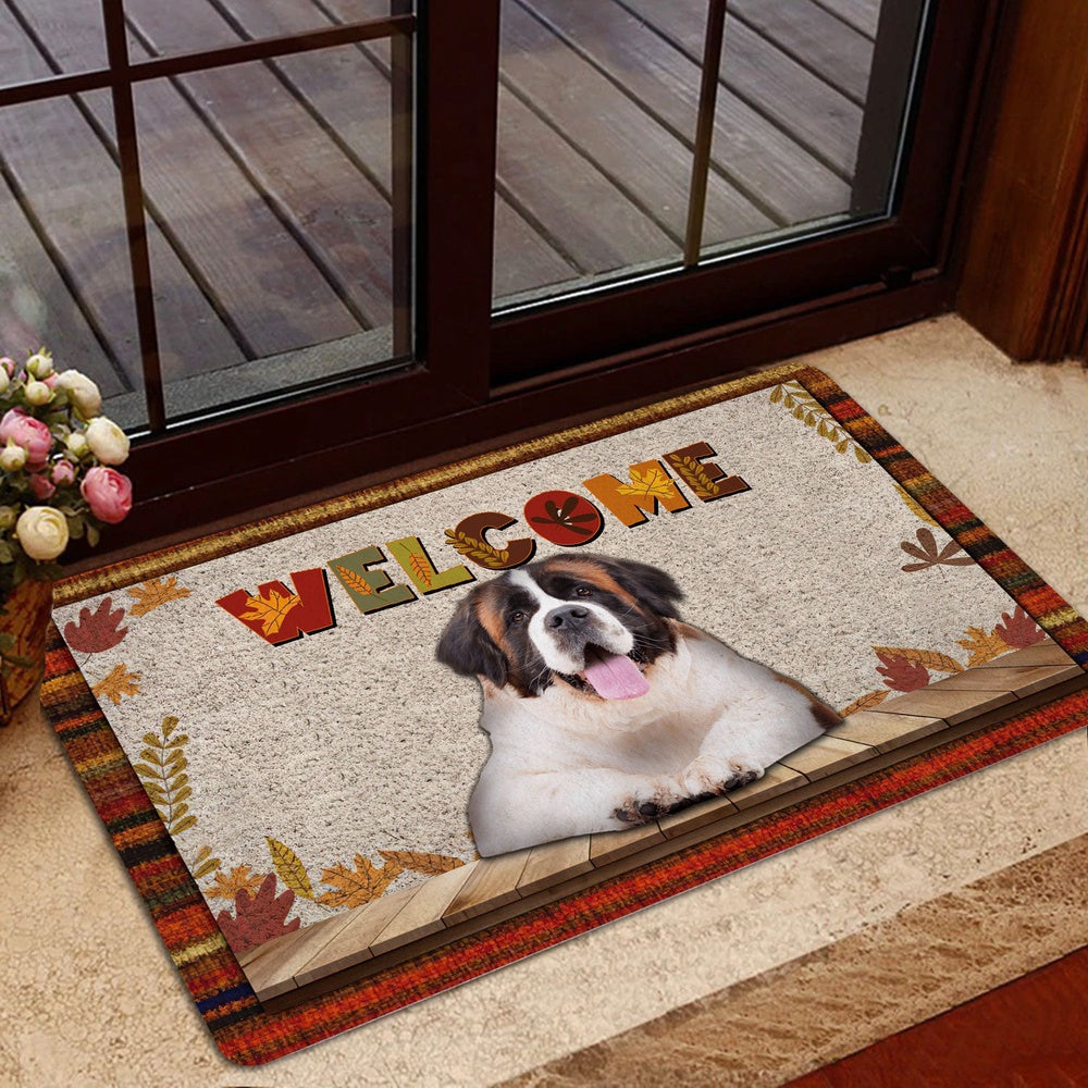 Saint Bernard Welcome Doormat, Saint Bernard Dog Welcome Fall Autumn Pumpkin Spice Maple Leaf Welcome Doormat, Pets Home Decor Door Mat