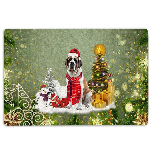 Saint Bernard Welcome Doormat, Saint Bernard Merry Christmas Snow Christmas Tree Xmas Holidays Welcome Doormat, Pets Home Decor Door Mat