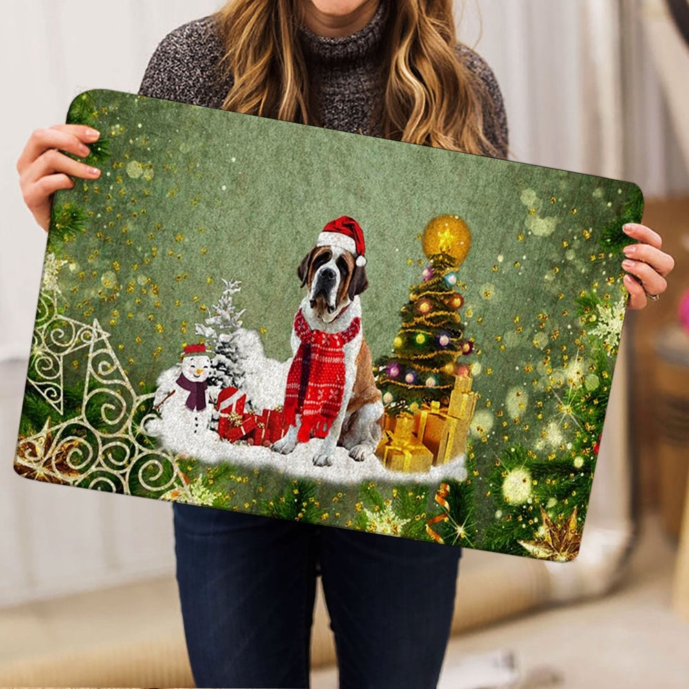 Saint Bernard Welcome Doormat, Saint Bernard Merry Christmas Snow Christmas Tree Xmas Holidays Welcome Doormat, Pets Home Decor Door Mat