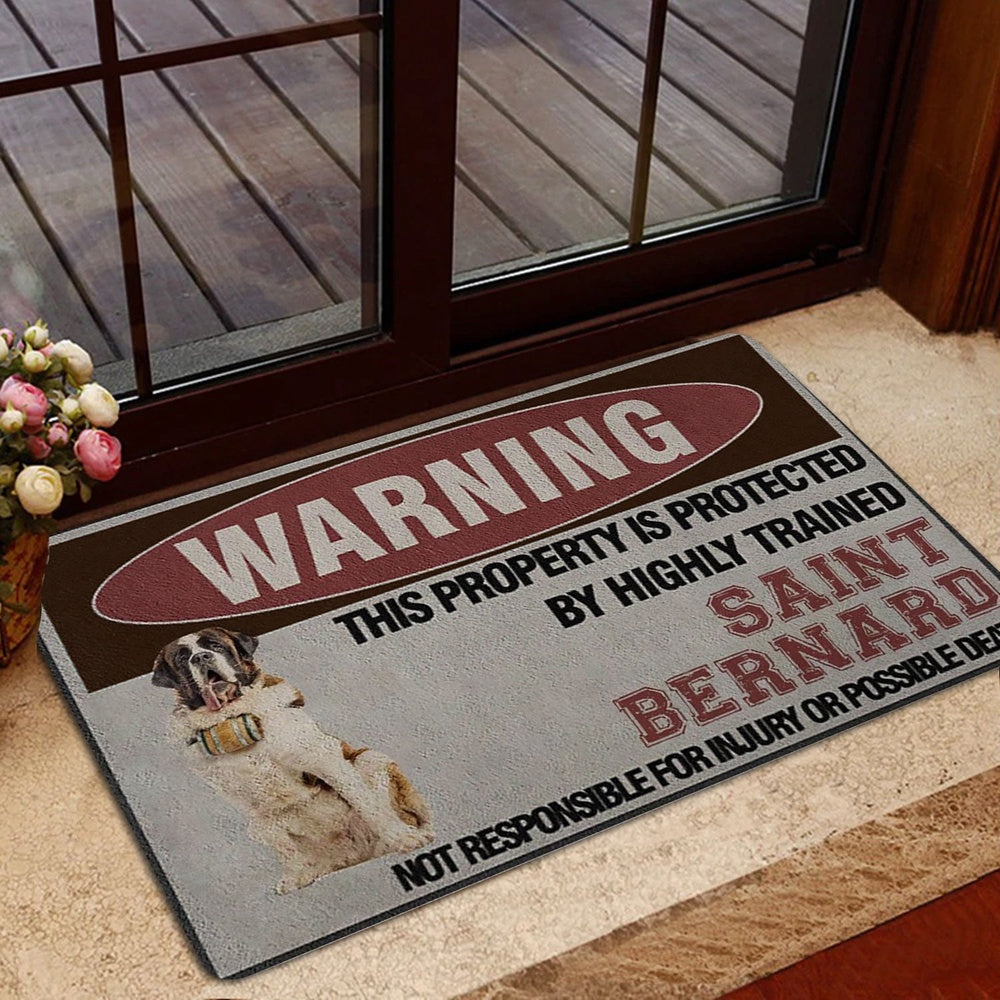 Saint Bernard Welcome Doormat, This Property is Protected by a Highly Trained Saint Bernard Dog Welcome Doormat, Indoor Outdoor Doormat Home Decor