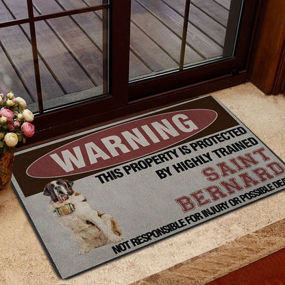 Saint Bernard Welcome Doormat, This Property is Protected by a Highly Trained Saint Bernard Dog Welcome Doormat, Indoor Outdoor Doormat Home Decor