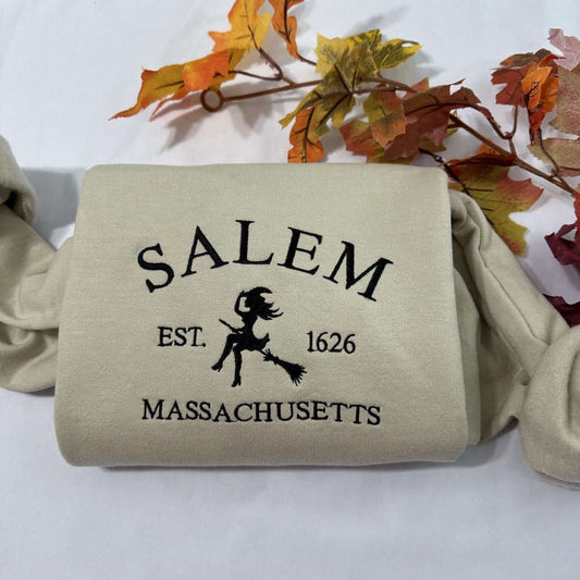 Salem Massachusetts Embroidered Sweatshirt 2D Crewneck Sweatshirt Gift For Family, Christmas Embroidered, Christmas Gifts