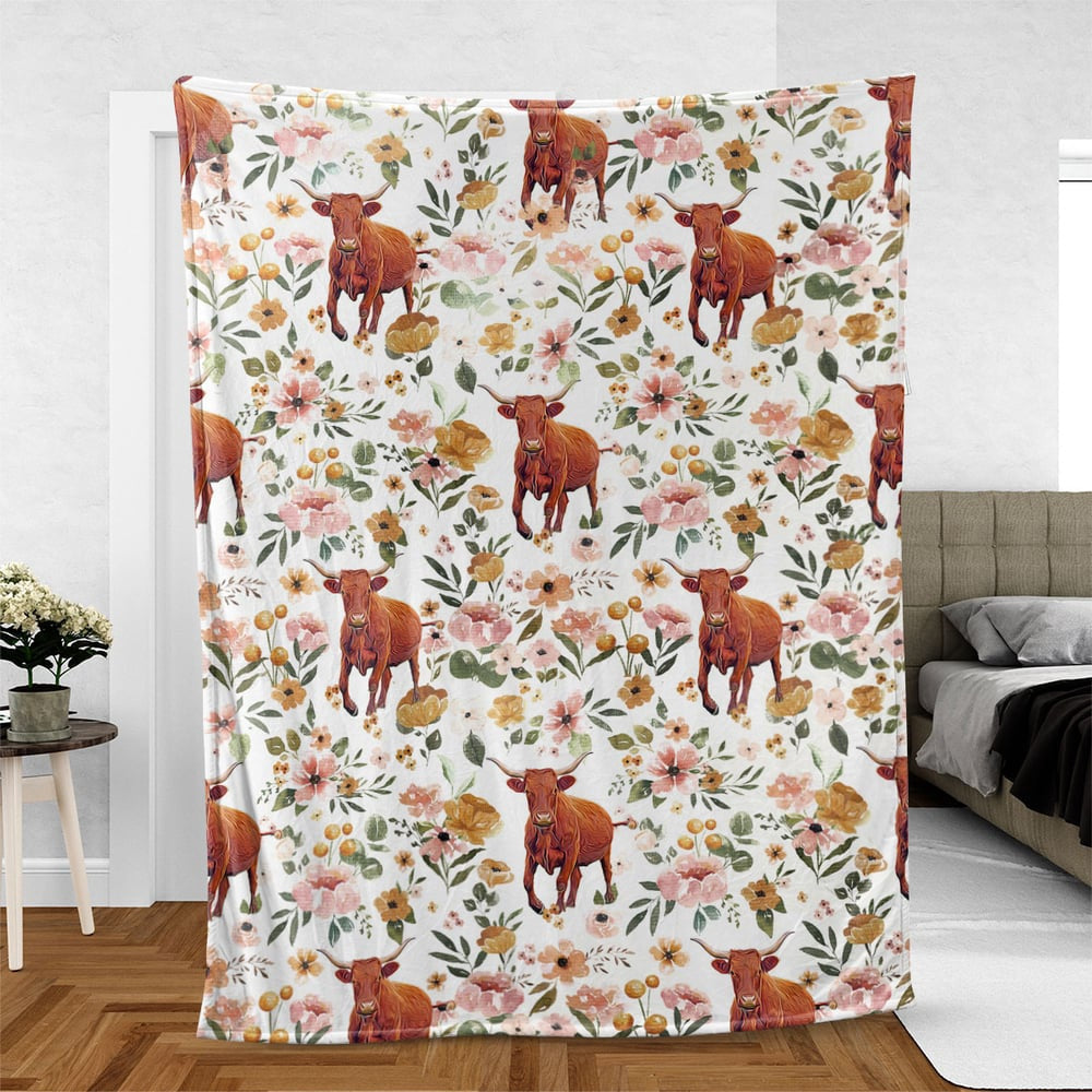Salers Floral Pattern Blanket, Farm Blanket, Farm Animal Blanket