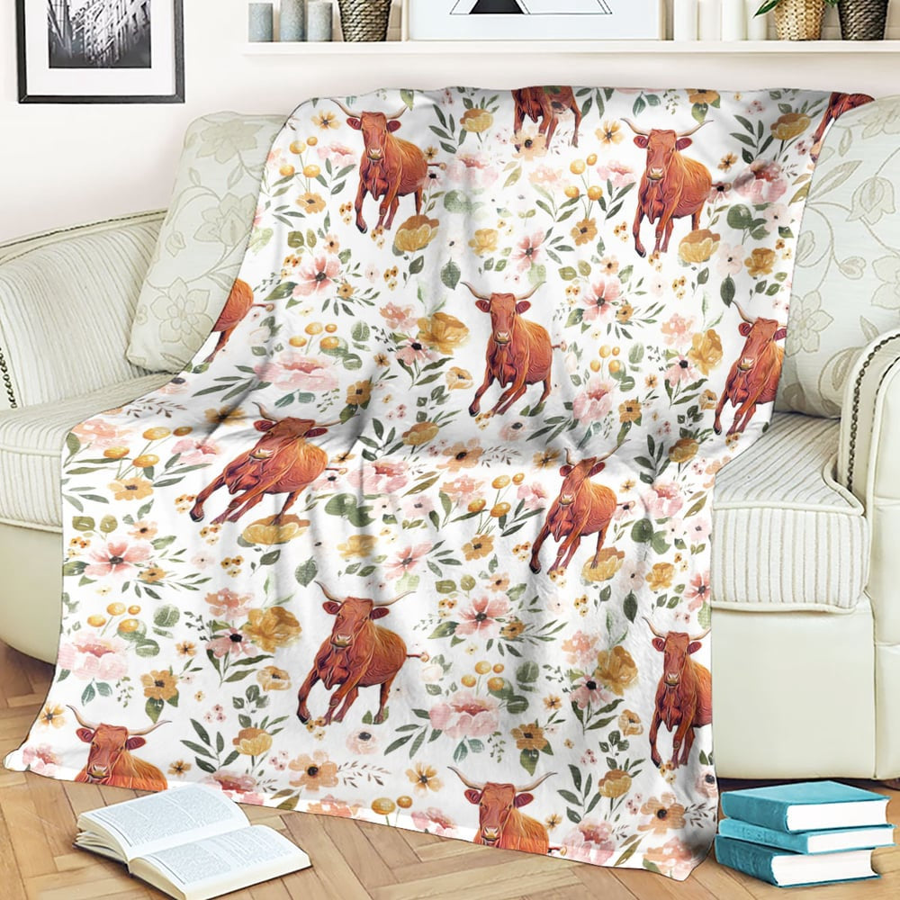 Salers Floral Pattern Blanket, Farm Blanket, Farm Animal Blanket