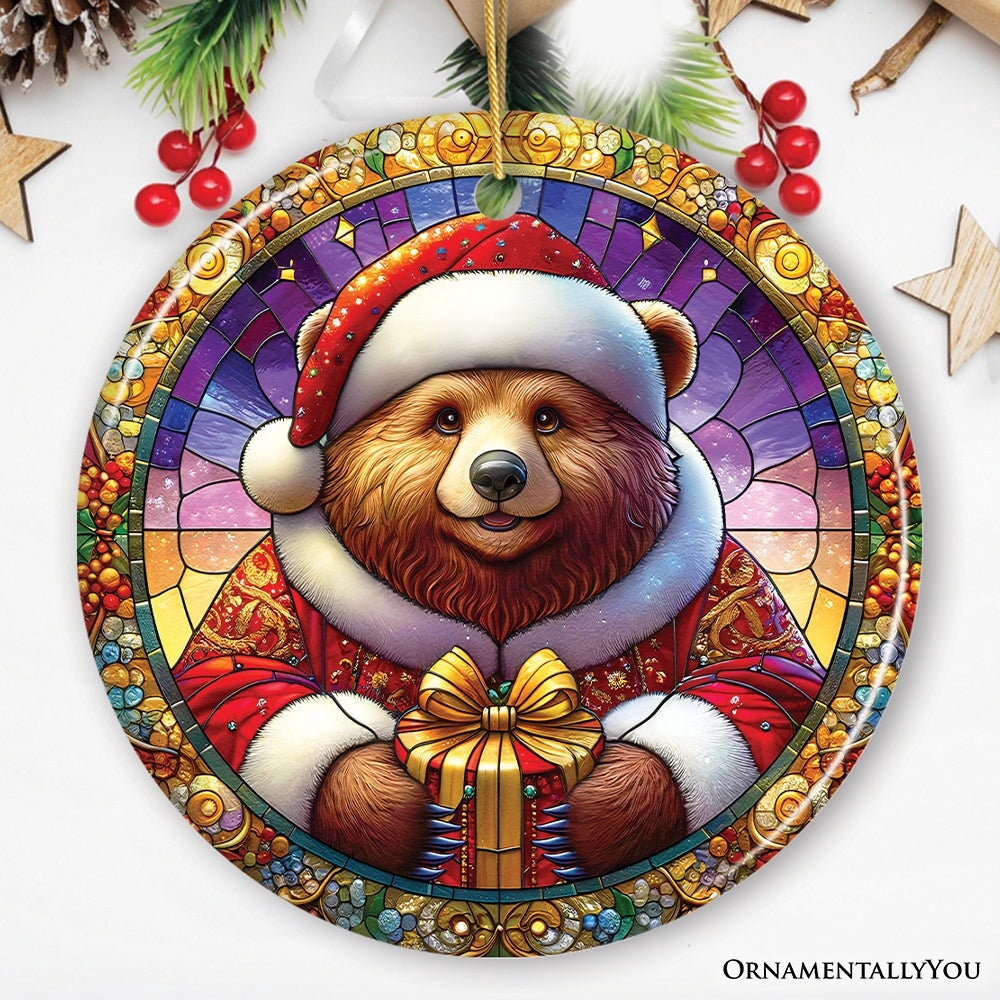 Santa Bear Stained Glass Style Ceramic Ornament, Christmas, Christmas Ornament
