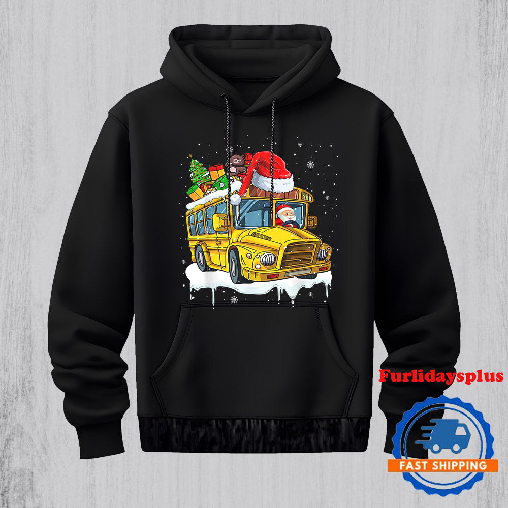 Santa Driving School Bus Xmas Tree Colourful Costume Driver Hoodie, Christmas T Shirt, Christmas Sweatshirt