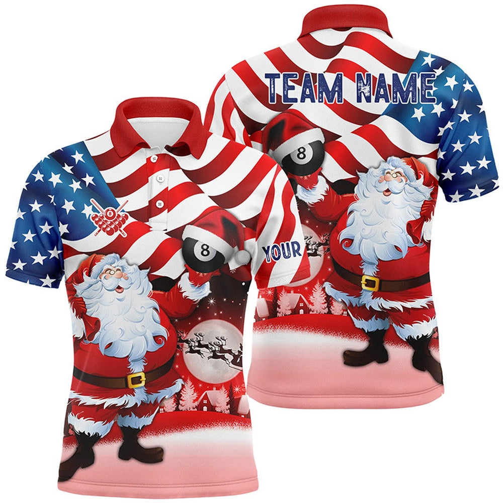 Santa Holding Billiard 8 Ball Custom Name USA Flag Polo Shirts Best Christmas Shirt Idea Gifts, Billiard Team Polo Shirts