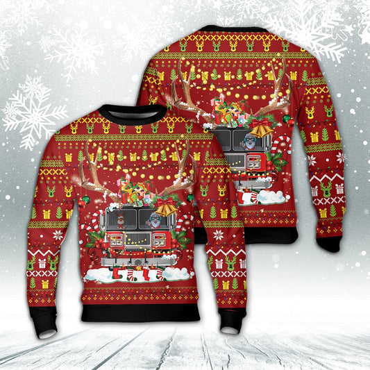 Santa and reindeer Fire Truck Christmas AOP Sweater, Christmas Ugly Sweater, Sweater Xmas, Ugly Sweater