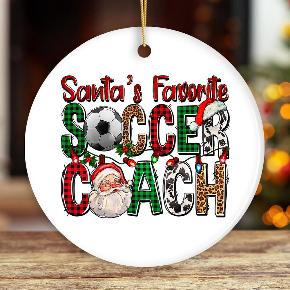 Santa’s Favorite Soccer Coach Christmas Plaid Theme Ornament, Christmas Ornament