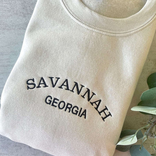 Savannah Georgia Embroidered Sweatshirt 2D Crewneck Sweatshirt Gift For Family, Christmas Embroidered, Christmas Gifts