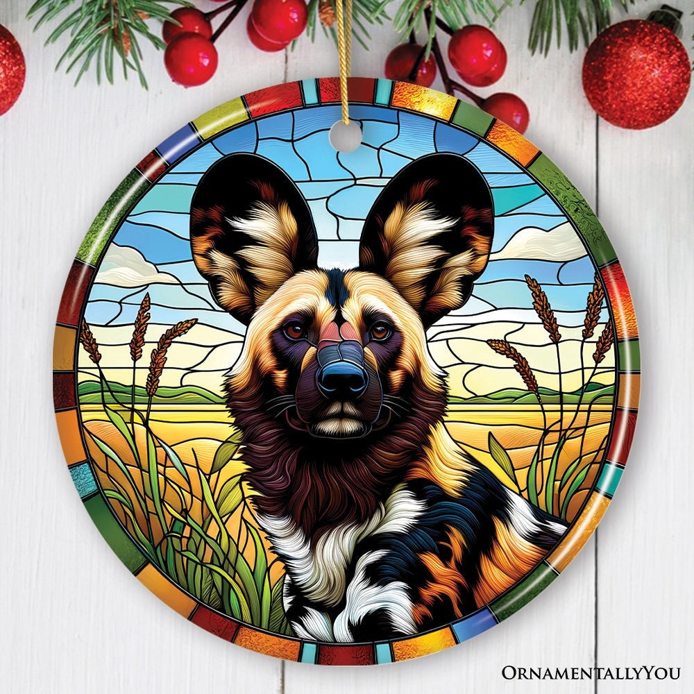 Savannah's Wild Dog Stained Glass Style Ceramic Ornament, Safari Animals Christmas, Christmas Ornament