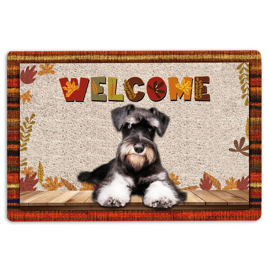 Schnauzer Welcome Doormat, Schnauzer Dog Welcome Fall Autumn Pumpkin Spice Maple Leaf Welcome Doormat, Pets Home Decor Door Mat