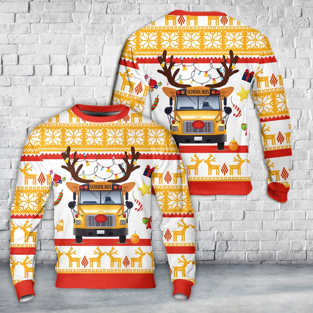 School Bus Christmas AOP Sweater, Christmas Ugly Sweater, Sweater Xmas, Ugly Sweater