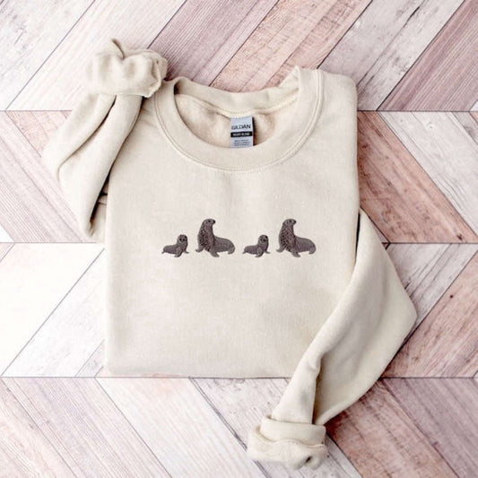 Seal Embroidered Sweatshirt 2D Crewneck Sweatshirt For Men And Women, Christmas Embroidered, Christmas Gifts