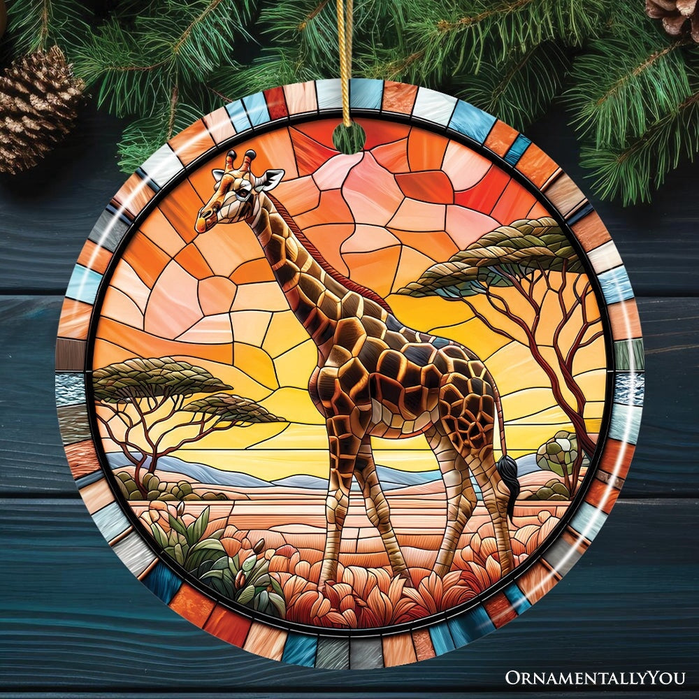 Serengeti Splendor Giraffe Stained Glass Style Ceramic Ornament, Safari Animals Christmas, Christmas Ornament