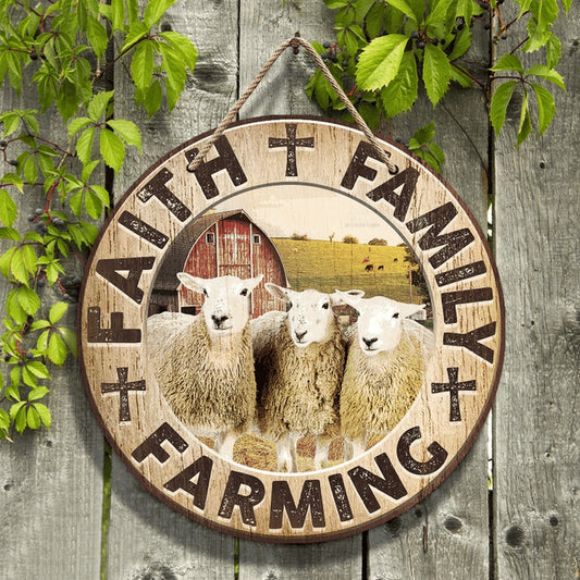 Sheep Cattle Lovers Faith Family Farming Round Wooden Sign, Farm Wood Sign, Farmhouse Decor Wooden Signs