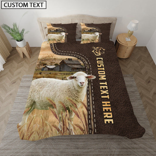 Sheep Custom Text Leather Pattern Bedding Set, Farm Bedding Set, Farmhouse Bedding Set