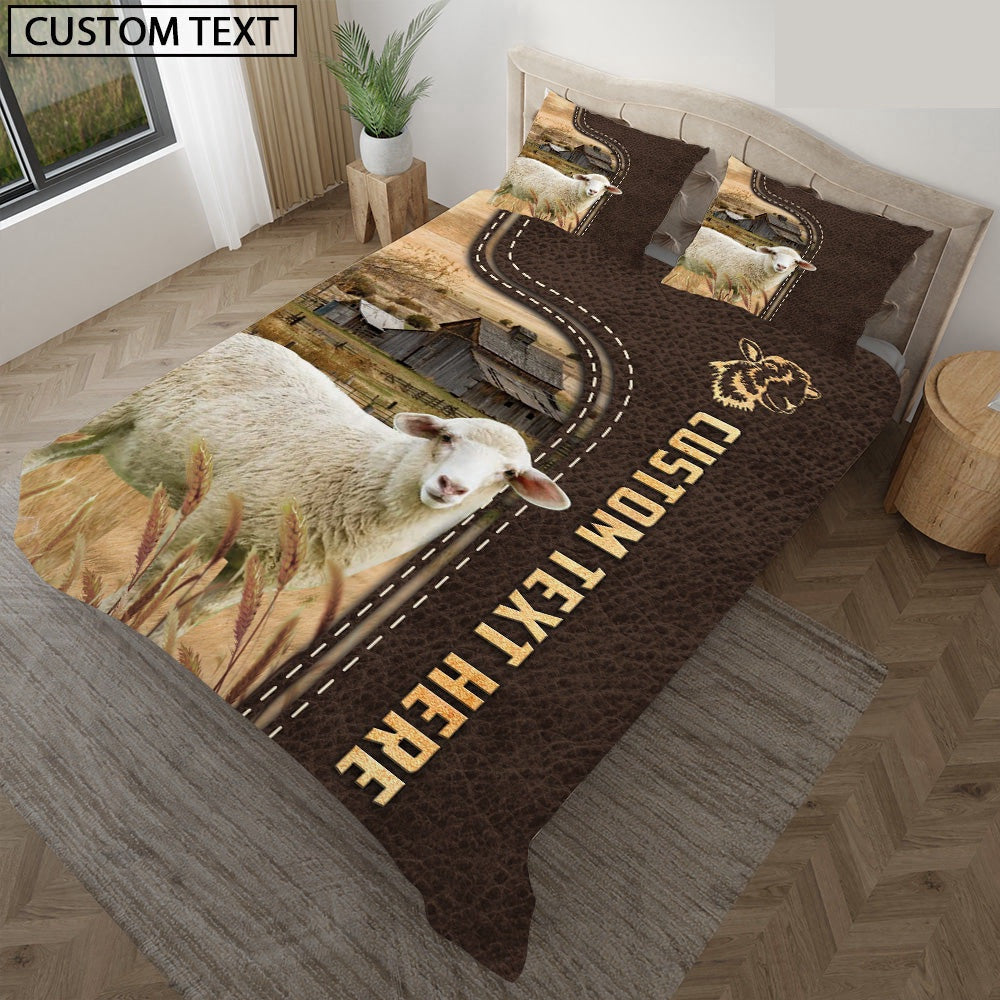 Sheep Custom Text Leather Pattern Bedding Set, Farm Bedding Set, Farmhouse Bedding Set