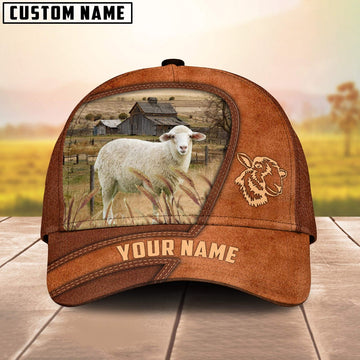 Sheep Customized Name Brown Leather Pattern Cap, Farmer Cap, Cap For Farmers, Best Farm Hat, Farm Use Hat