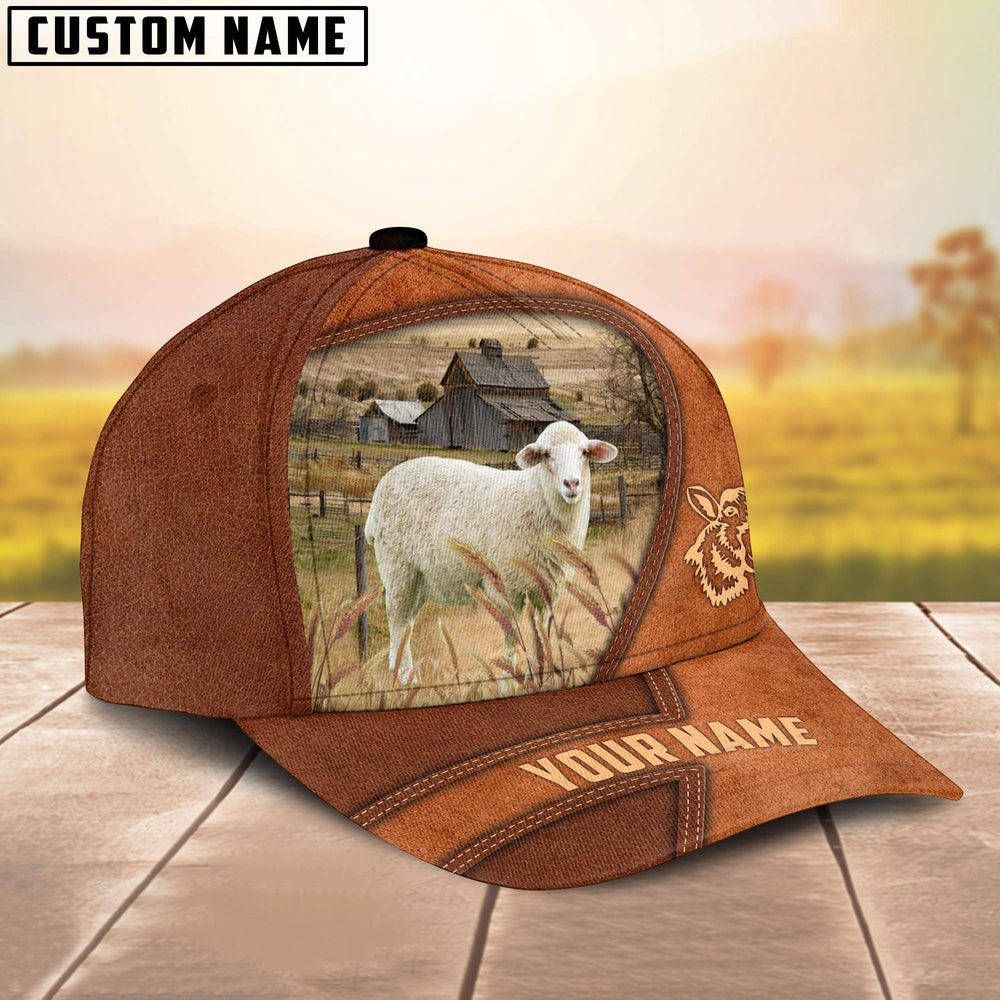 Sheep Customized Name Brown Leather Pattern Cap, Farmer Cap, Cap For Farmers, Best Farm Hat, Farm Use Hat