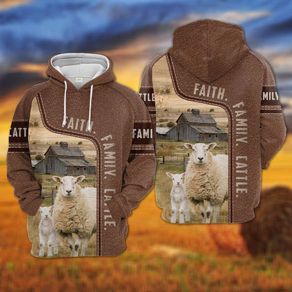 Sheep Faith Family Cattle Personalized 3D Hoodie, Farmer Hoodie, Custom Farm Shirts, Farmer T Shirt