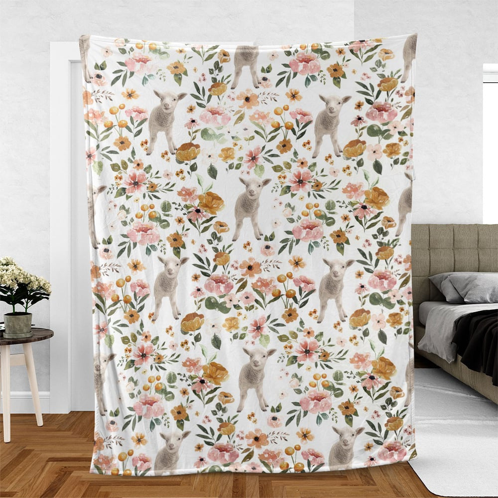 Sheep Floral Pattern Blanket, Farm Blanket, Farm Animal Blanket