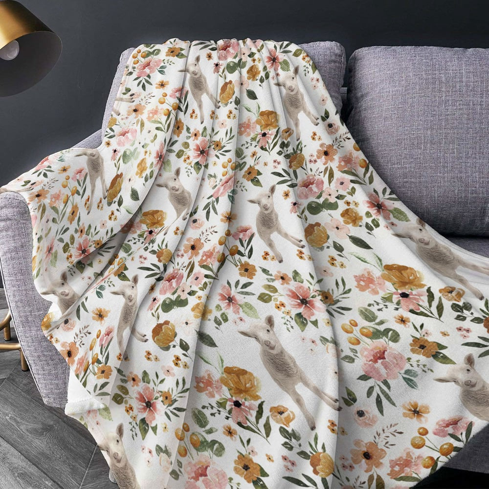 Sheep Floral Pattern Blanket, Farm Blanket, Farm Animal Blanket