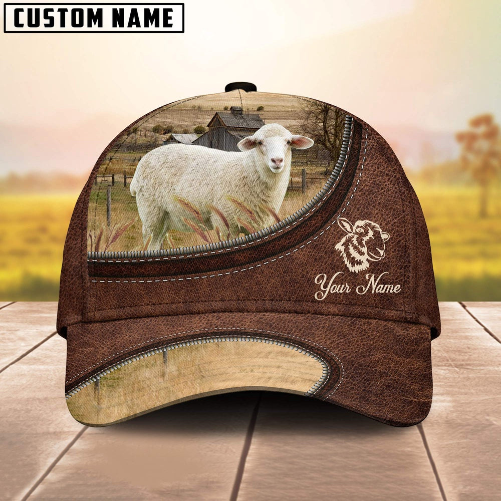 Sheep On The Farm Customized Name Leather Pattern Cap, Farmer Cap, Cap For Farmers, Best Farm Hat, Farm Use Hat