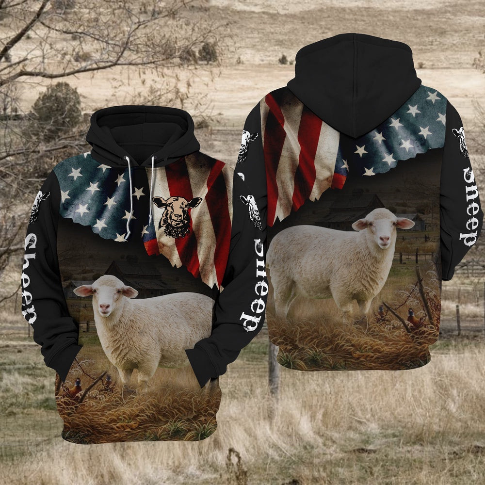 Sheep US Flag All Over Printed Hoodie TT, Farmer Hoodie, Farm Themed Shirts, Farm Tee Shirts