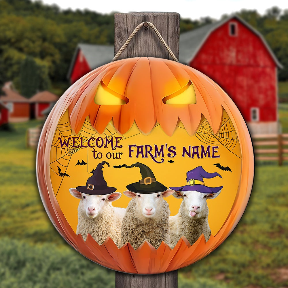Sheep Welcome To Our Farm Pumpkin Pattern Happy Halloween Wooden Sign, Farm Wood Sign, Farm House Wood Signs