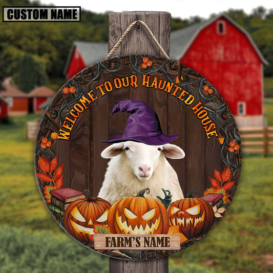Sheep Welcome To Our Haunted House Pattern Happy Halloween Wooden Sign, Farm Wood Sign, Farm House Wood Signs