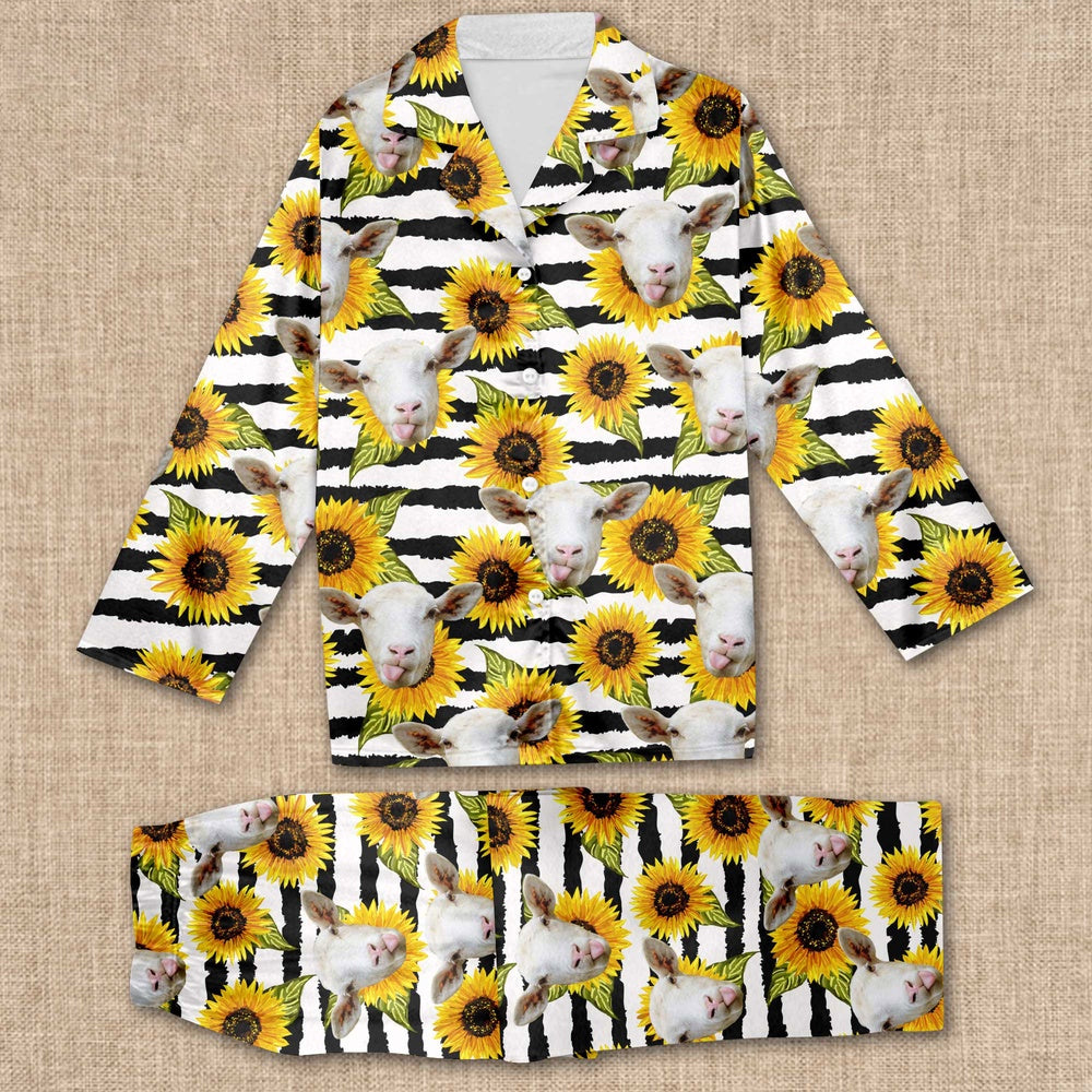 Sheep With Sun Flower Pattern All Over Print Pajamas Sets, Farm Pajamas, Farm Animal Pajamas, Christmas Farm Pajamas