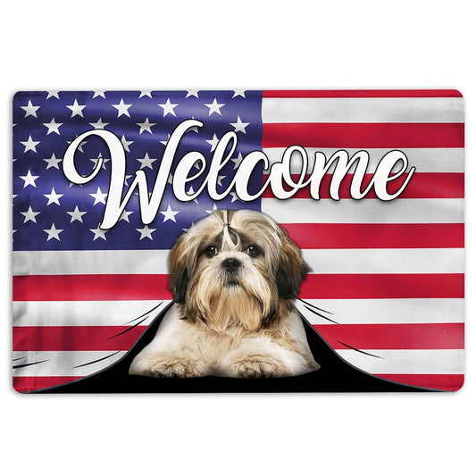 Shih Tzu Welcome Doormat, Funny Shih Tzu Dog Welcome American Flag USA Patriotic Welcome Doormat, Pets Home Decor Door Mat