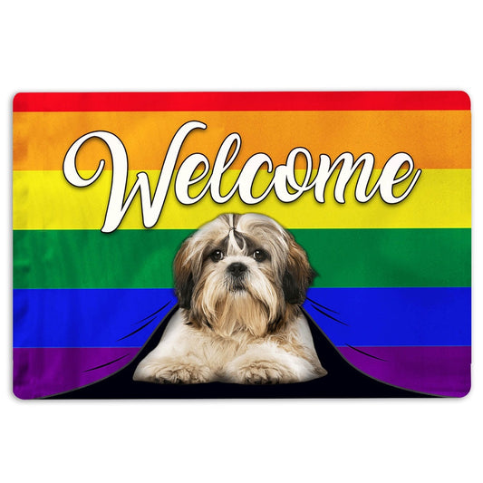 Shih Tzu Welcome Doormat, LGBT Shih Tzu Dog Welcome Pride Rainbow Flag Welcome Doormat, Pets Home Decor Door Mat