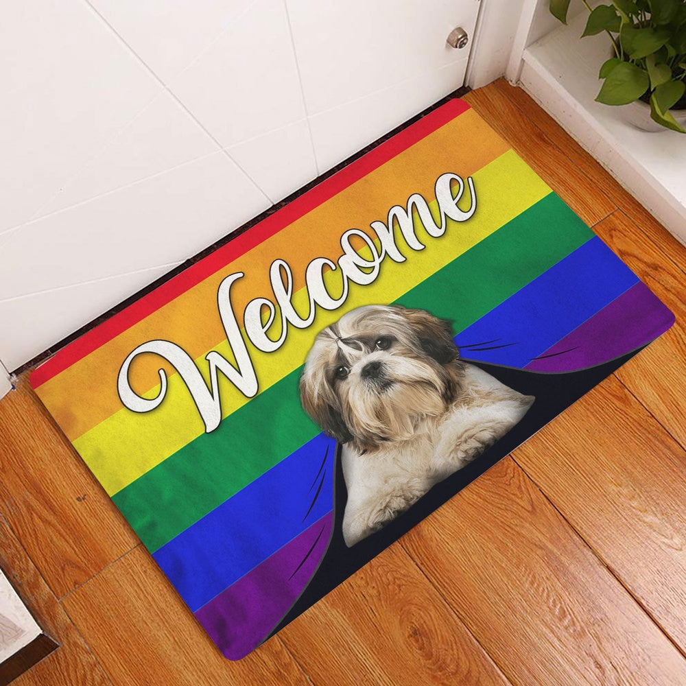 Shih Tzu Welcome Doormat, LGBT Shih Tzu Dog Welcome Pride Rainbow Flag Welcome Doormat, Pets Home Decor Door Mat