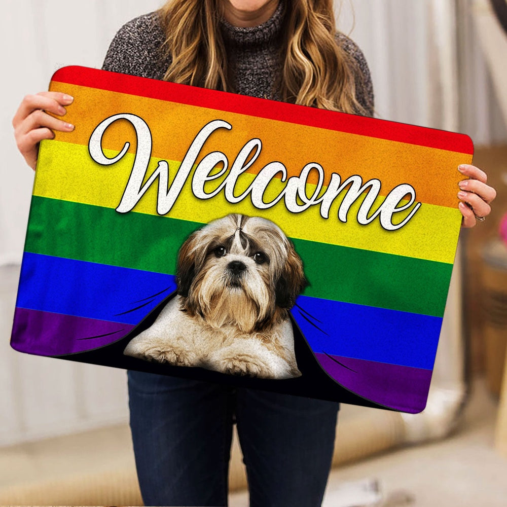 Shih Tzu Welcome Doormat, LGBT Shih Tzu Dog Welcome Pride Rainbow Flag Welcome Doormat, Pets Home Decor Door Mat