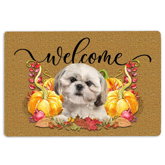 Shih Tzu Welcome Doormat, Pumpkin Spice Shih Tzu Dog Welcome Fall Autumn Welcome Doormat, Pets Home Decor Door Mat