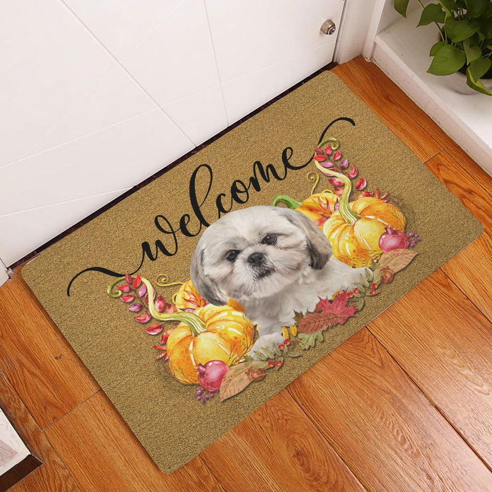 Shih Tzu Welcome Doormat, Pumpkin Spice Shih Tzu Dog Welcome Fall Autumn Welcome Doormat, Pets Home Decor Door Mat