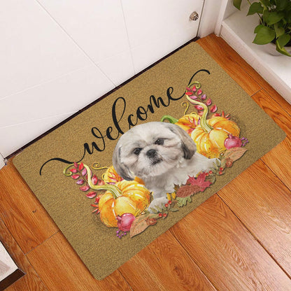 Shih Tzu Welcome Doormat, Pumpkin Spice Shih Tzu Dog Welcome Fall Autumn Welcome Doormat, Pets Home Decor Door Mat