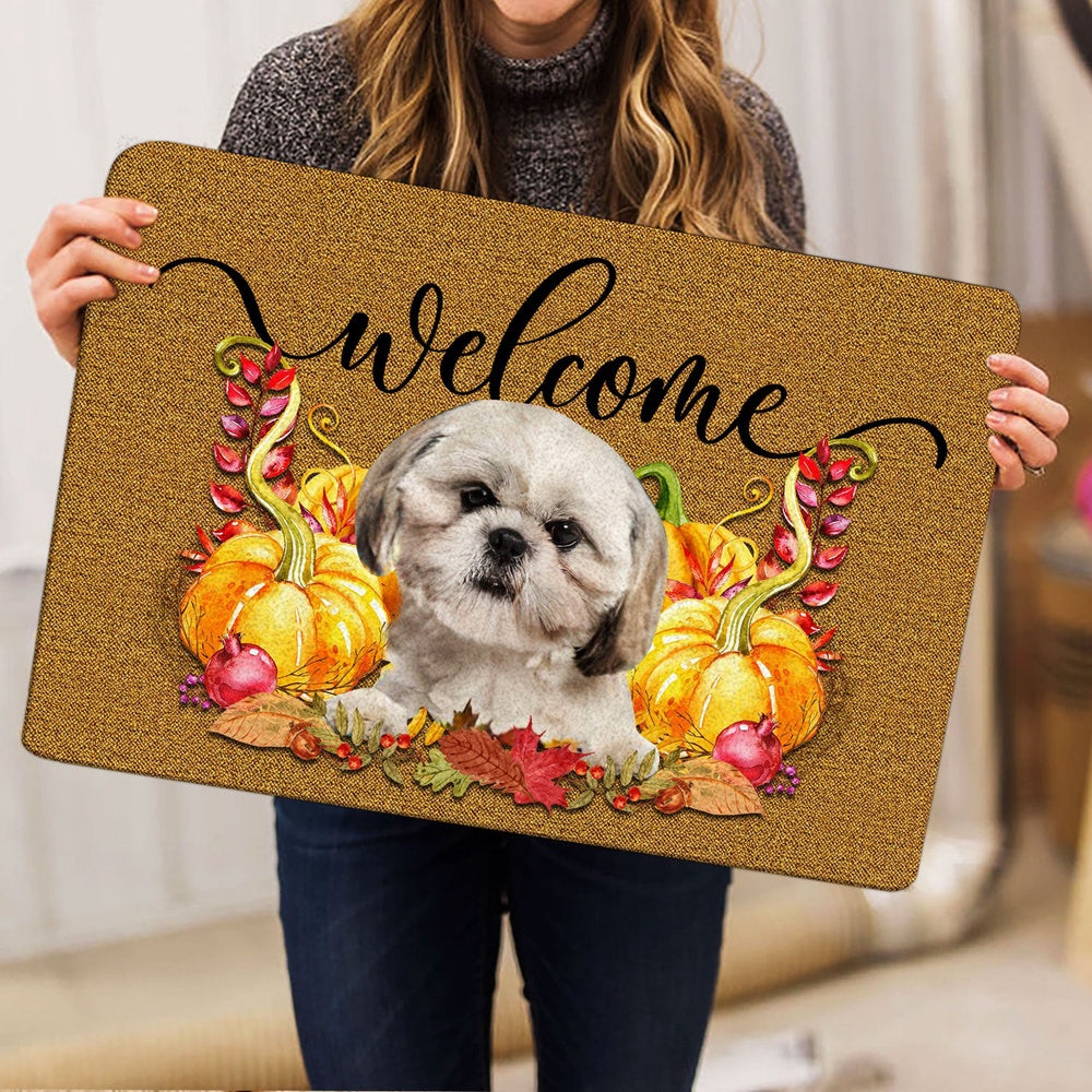 Shih Tzu Welcome Doormat, Pumpkin Spice Shih Tzu Dog Welcome Fall Autumn Welcome Doormat, Pets Home Decor Door Mat